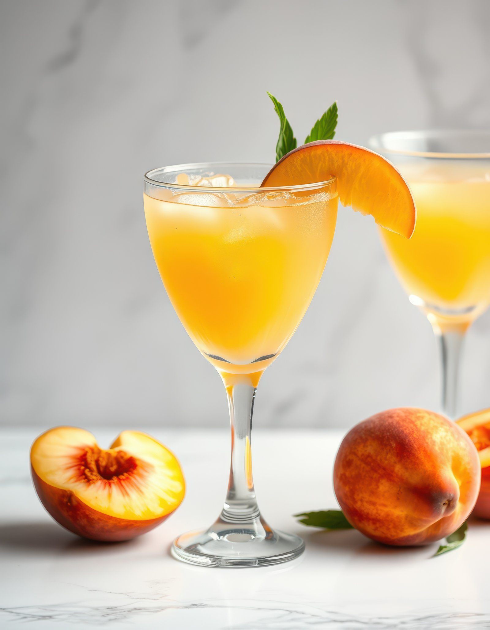 Refreshing peach cocktail served in elegant glass with fresh peaches on marble countertop